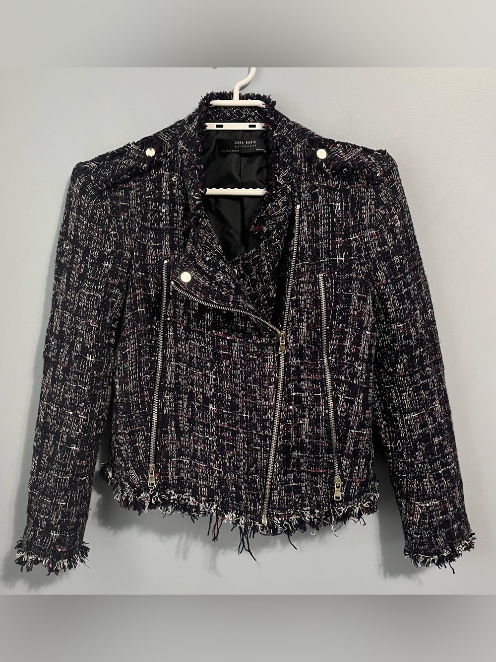 Zara Navy Metallic Tweed Moto Jacket Frayed Hem Silver Zipper Pockets Size M